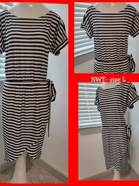 NWT-Cato Black and White Striped Tie-Waist Mini Dress